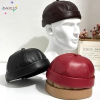 ราคา OKHALLO Brimless หมวก, PU หนัง Retro Landlord หมวก, Casual ปรับสีทึบ Melon Skin Caps Unisex (41717380332)
