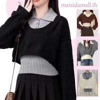 ราคา พร้อมส่ง MSD ชุดสเวตเตอร์แขนยาว หญิง ย้อนยุค สไตล์สั้น คอยู เสื้อสวมหัว คอโปโล สีทึบ ชุดสองชิ้น (29573469322)