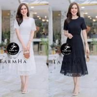 ราคา (M-4XL)ชุดงานบุญ เดรสยาว เดรสฉลุคอกลม แต่งลูกไม้ชายกระโปรง สีขาว สีดำ ผ้าดีมาก มีซับใน (19174508368)