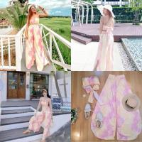 ราคา ชุดเซต2ชิ้น เสื้อครอป เกาะอก สม็อกหลัง+กางเกง ขายาวบาน (8516800889)