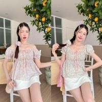 ราคา style.anda เสื้อปาดไหล่ แถมยางรัดผม แขนตุ๊กตา ลายดอกพาสเทล pd013 (27432943848)