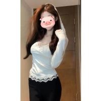 ราคา NZN สไตล์เกาหลีสีดําคลุมด้วยผ้าเย็บปะติดปะต่อกันเสื้อลูกไม้ผู้หญิงเซ็กซี่แขนยาวฐานเสื้อยืด (28121985331)