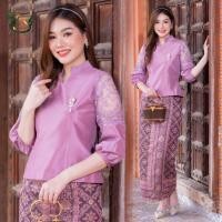 ราคา ชุดผ้าไหม ชุดออกงาน ไปวัด ทำบุญ - ชุดผ้าไหมแพรทิพย์ แต่งลูกไม้ฝรั่งเศส รุ่นดวิกา (ชมพู) (23564168462)