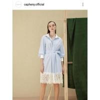 ราคา เดรสเชิ้ตสีฟ้า ลายทาง ตัดต่อด้วยผ้าลูกไม้ซีทรูที่ชายกระโปรง (15695331805)