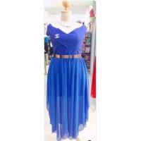 ราคา เดรสยาวปาดไหล่ผ้ายืดตัดต่อชีฟอง สีน้ำเงิน อก 46-50 (730277621)