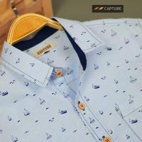 ราคา ⛵️⛵️⛵️เสื้อเชิ้ตแขนสั้น คอปก ผ้า Oxford ลายสามเรือใบ สีฟ้า มีไซส์ S-4XL (7561941746)