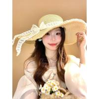 ราคา 217หมวกปีกกว้างถักกันเเดด ประดับโบว์ลายลูกไม้ติดมุกเพิ่มความน่ารัก (27180788458)