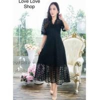 ราคา เดรสดำออกงาน!!! M-L Maxi Dress เดรสดำคอวีผ้าปักลายแต่งระบายลูกไม้ งานป้าย Love love (4276299358)