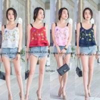 ราคา PE5274 เสื้อสายเดี่ยวแฟชั่น เสื้อสายเดี่ยว ปักลายดอกช่วงหน้าอก ผ้าไหมอิตาลี ชายเสื้อด้านหน้าแต่งระบาย 2 ชั้น (4520309078)