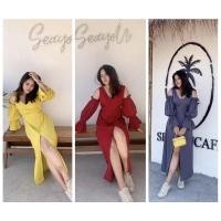 ราคา เดรส Princess ยาวคอวีเปิดไหล่ สีแดง เทา เหลือง (15243696121)