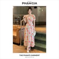 ราคา แมกซี่เดรสผ้าชีฟองเกาหลีคอเหลี่ยมแต่งขอบลูกไม้ลายดอกใหญ่สีส้มพีช - รหัส หน้า131 - ภาม เกีย ช่างตัดเสื้อ (43906567077)