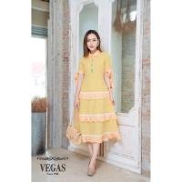 ราคา Dress สีเหลืองพาสเทล งานปักด้านหน้า เล่นระบายตัวกระโปรง แขนผูกโบว์ได้ งานป้าย VEGAS (7236429251)
