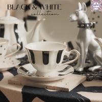 ราคา Violet Flamingo ชุดน้ำชาลายขวางสีขาวดำ ขอบทอง Stripe Tea Set กาน้ำชาและแก้วพร้อมจานรองสีขาวดำขอบทอง มีจานขนมเข้าชุด (18271363261)