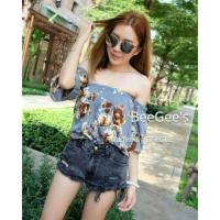 ราคา เสื้อปาดไหล่แฟชั่น เกาะอก แขนต่อ ลายดอก (1127412870)