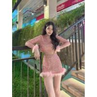 ราคา ชุดเซ็ทเสื้อครอปแขนยาว+กระโปรงปักกลิตเตอร์แต่งขนฟรุ้งฟริ้ง (15999728757)