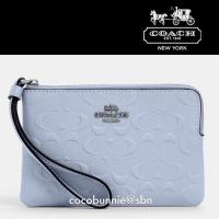 ราคา พร้อมส่ง USA กระเป๋าคล้องข้อมือ หนังแท้ COACH Corner Zip Wristlet In Signature Leather 67555 สีฟ้า อะไล่สีเงิน (11639070489)