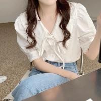 ราคา เสื้อแขนสั้นคอวีลูกไม้ผูกโบว์แขนพอง (43308832202)