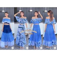 ราคา ⚡ร้านค้าส่งไว⚡ เดรสมัดย้อม (เซทเสื้อปาดไหล่+กระโปรงผ้าต่อ) เนื้อผ้าสปัน ย้อมคราม (23077398938)