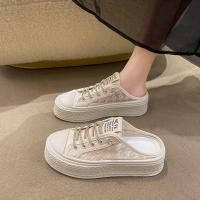 ราคา แฟชั่นย้อนยุค รองเท้าส้นตึก ผ้าลูกไม้ ระบายอากาศได้ สไตล์สลิปออน รองเท้าเปิดส้น, ส้นสูง 5CM, Size 35-40 (24106319488)