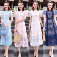 ราคา เดรสสีฟ้าออกงาน L-2XL Dress เดรสชีฟองปักลูกไม้แขนระบาย งานป้าย Love Love (26903091391)