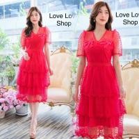 ราคา เดรสแดงออกงาน!!! L-6XL Mini Dress เดรสสีแดงปักลูกไม้แต่งโบว์กระโปรงระบายชั้นๆ งานป้าย Love Love (16990578611)