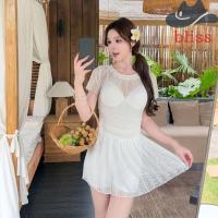 ราคา BLISS ชุดว่ายน้ำกระโปรงลูกไม้แขนสั้นโปร่งใส ตาข่ายนุ่มนวล ชุดบิกินीหลังเปิด เหมาะสำหรับสระว่ายน้ำและทะเลในฤดูร้อน (41767888234)