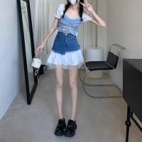 ราคา กระโปรงยีนส์ ผ้ายืด ต่อชายมุ้งนุ่มๆๆสีขาวสวยน่ารัก (23018338909)