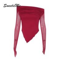 ราคา SweeticMe เสื้อสตรี 2025 ใหม่ แฟชั่นสีทึบ เซ็กซี่ ตาข่ายแขนยาวSlim Fit ไม่สม่ำเสมอ (26321835242)