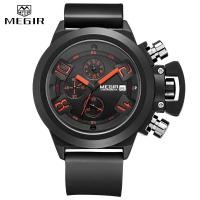 ราคา Megir 2002 แฟชั่น 3D แกะสลัก Dial ชายนาฬิกา Casual ควอตซ์ซิลิโคนสีดํากันน้ําทหาร Chronograph นาฬิกา (27912028106)