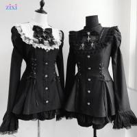 ราคา Sweet Lolita Bow Lace Long Sleeve Short Dress Fashion เอว Slimming Dark Style Dress (26783555058)