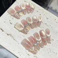 ราคา [ครอบครัวผงทอง] ทําด้วยมือสวมใส่เล็บอ่อนโยนฝรั่งเศสวิจิตรกระพริบเล็บตาแมวสไตล์ชาแนลระดับไฮเอนด์สวมใส่เล็บ (43220741468)