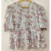 ราคา เสื้อแขนสั้นลายดอกสีฟ้าปักฉลุทั้งตัวแขนพอง งานป้าย (20731263141)