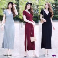 ราคา เดรสยาวคอวีผ้าข้างสายไขว้หลังผ้าเรย่อน (11221222456)