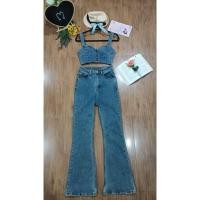 ราคา bambeeเซ็ตยีนส์สายเดี่ยว+ขาม้า เข้ารูป กางเกงผ้ายีนส์ขาม้ายืดได้ (40913148237)