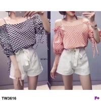 ราคา SS3616 Shirt เซท เสื้อสายเดี่ยวปาดไหล่ แขนตุ๊กตา งานผ้าทอลายสก็อตกับกางเกงผูกโบว์ขาสั้น (7011384156)