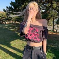 ราคา เสื้อยืดแขนสั้นเปิดไหล่ เสื้อเต้นสั้นโชว์สะดือไหล่เดียว (26680700034)