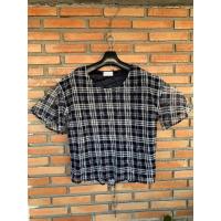 ราคา เสื้อคอกลม ลายตารางสีกรมขาว มีซับใน แขนเลยไหล่เป็นระบาย kuu: Kurashiki Casual หน้าผ้า 42" เอว 42" ยาว 22" (24202787656)