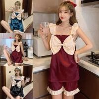 ราคา ju2 ชุดนอน ชุดนอนผ้าซาติน เสื้อแขนกุด + กางเกงขาสั้น องค์ประกอบล่าสุด，3 สี ชุดน่ารัก (23275588081)