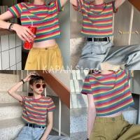 ราคา KAPAN พร้อมส่ง เสื้อครอป เสื้อยืด แขนสั้น ลายทาง สีรุ้ง ฟรีไซส์ เสื้อสไตล์เกาหลี KP83 (3813998425)