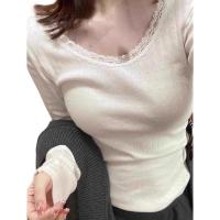 ราคา [LMS] ผู้หญิงเซ็กซี่ลูกไม้ Trim รอบคอแขนยาวถัก T เสื้อเสื้อผ้า Streetwear (41069297781)