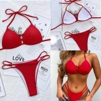 ราคา ชุดว่ายน้ำ size L บิกินี่สีแดงสด อกดูม สายไขว้กากบาทหน้าอก (22776149675)