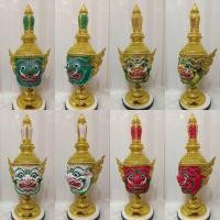 ราคา ท้าวเวสสุวรรณ ขนาดครอบ งานกระดาษ ใส่ตาแก้ว ปิดทองเค ประดับเพชรคริสตัล งานสวย ฟรีขาตั้งไม้อัดสีแดง khon mask หัวโขน (25770181764)