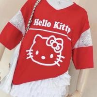 ราคา ♥︎ T-SHIRT เสื้อยืดโอเวอร์ไซส์ สไตล์เกาหลี ดีเทลสกรีนลายคิตตี้ แขนสั้นต่อผ้าลูกไม้ น่ารัก (27564261370)
