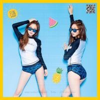ราคา ส่งฟรีM,L,XL บิกินี่ ชุดว่ายน้ำ ทูพีช2ชิ้น เสื้อแขนยาวกันแดดยูวี สกรีน BARREL + กางเกงบิกินี่ขาสั้น (1829782295)