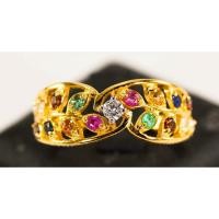 ราคา SUPER FLASH SALE : (R104 ชื่อแบบ “พุทธชาด”) : แหวนทองคำแท้ทรงช่อใบมะกอกคู่ ประดับพลอยนพเก้าและเพชรเบลเยียมคัท น้ำ100 (23467948463)