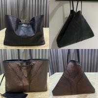 ราคา Yves Saint Laurent Black/Bronze Leather Reversible Neo Double Tote Bag ysl ของแท้ มือสอง กระเป๋า แบรนด์เนม (21010544807)