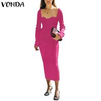 ราคา Vonda ชุดเดรสคอวีแขนยาวสีทึบรัดรูปวินเทจสําหรับผู้หญิง (26265485823)