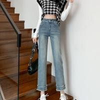 ราคา Elastic Fringed Straight Leg Jeans Light Colored Drainpipe Jeans Women High Waist Cropped Pants (28639379559)
