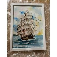 ราคา ภาพวาดมงคล เสริมโชคลาภ ภาพวาดเรือสำเภา ขนาดA4ภาพวาดสีน้ำ พร้อมกรอบเเขวนได้ตั้งได้ (42108847090)