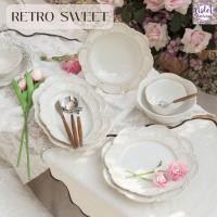ราคา Violet Flamingo [พร้อมส่งจากไทย] จานชามเซรามิคสไตล์วินเทจ Retro Sweet Collection จานสีขาวอมเทาทรงดอกไม้ เข้าไมโครเวฟได้ (26510771812)